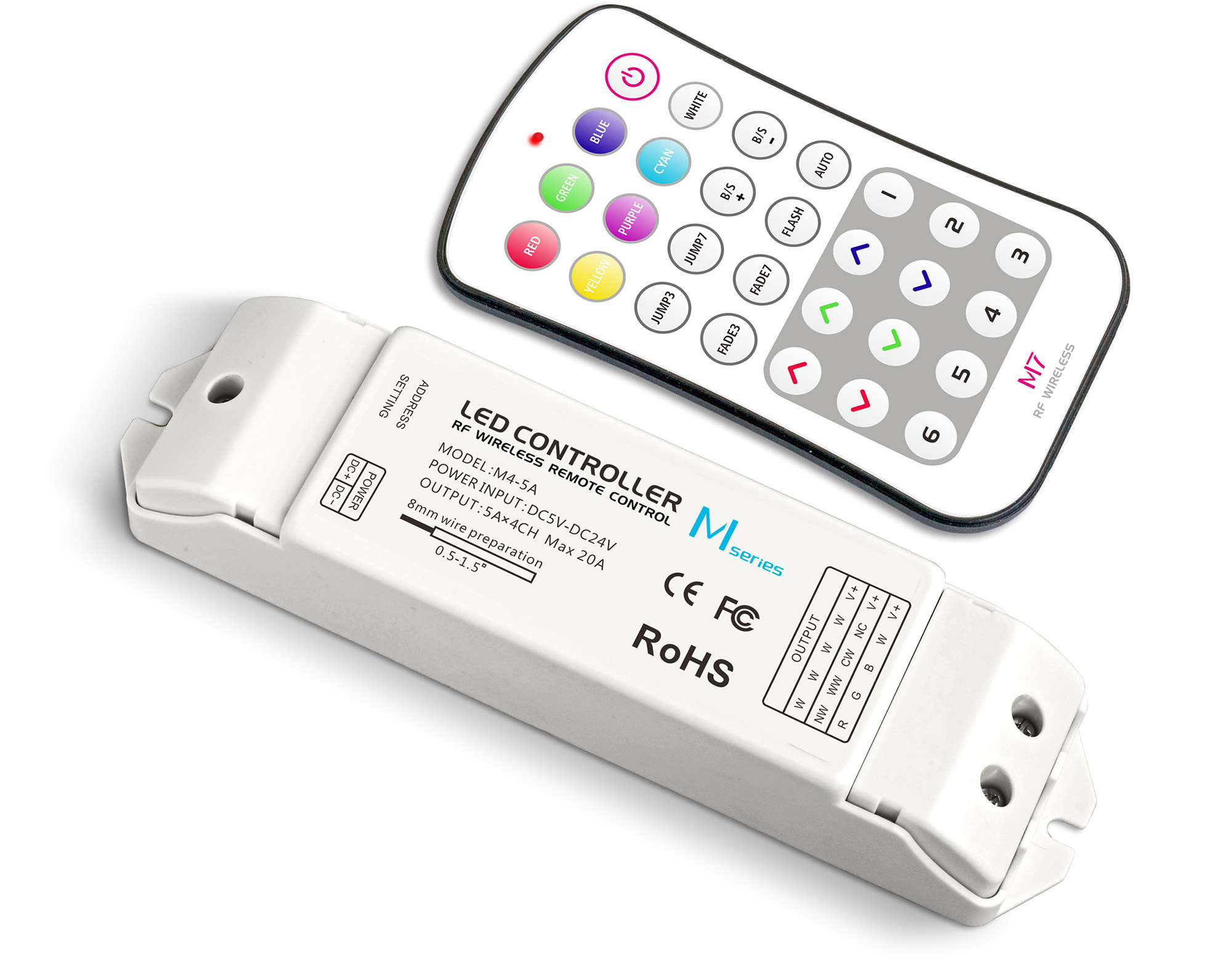 M7+M4-5A  Remote Control+Receiver CV RGB Controller, 12/24 V DC, 108/216W, 9A (3A x 3CH), 40m remote range.